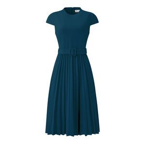 Pleated Dress Mock Neck Cap Sleeve Belted A-Line Dress Peacock Blue